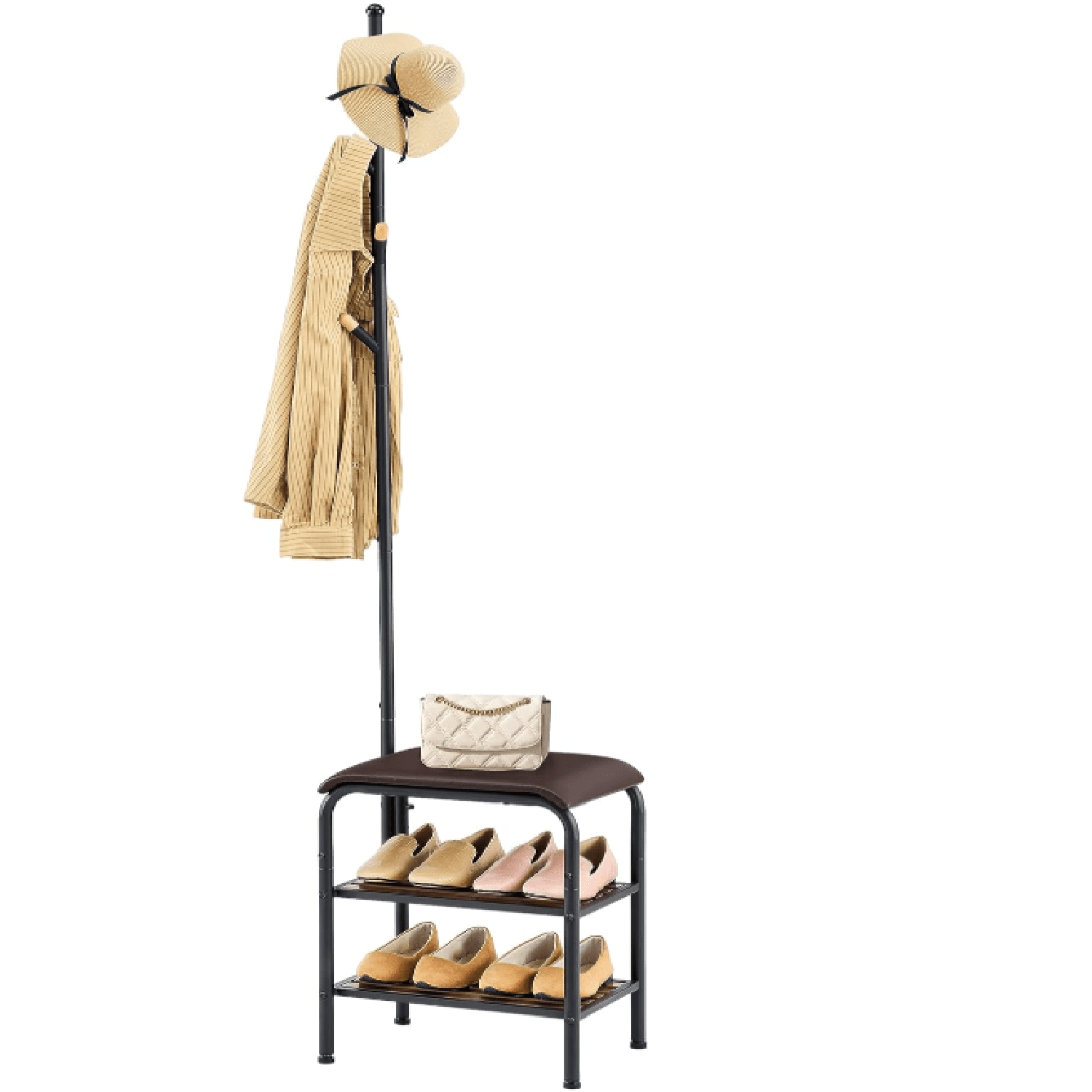 Coat Rack Stand Shoe Bench - 3 in 1 Coat Hall Tree with Shoe Storage With Benches Small Metal Shoes Shelf for Entryway Living Room Bedroom Hallway