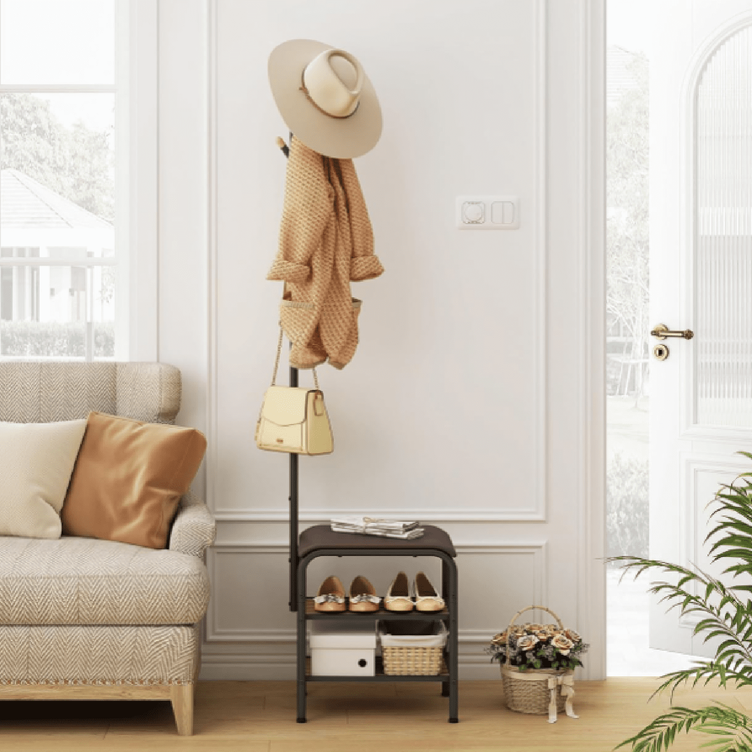 Coat Rack Stand Shoe Bench - 3 in 1 Coat Hall Tree with Shoe Storage With Benches Small Metal Shoes Shelf for Entryway Living Room Bedroom Hallway