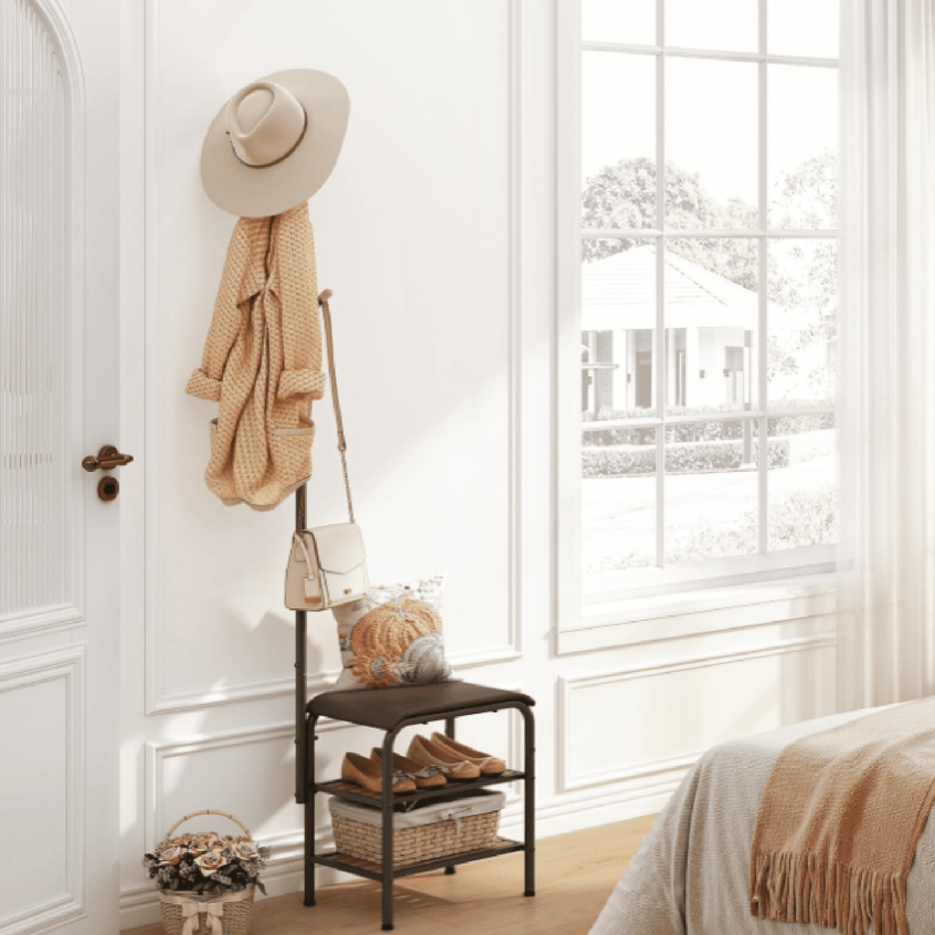 Coat Rack Stand Shoe Bench - 3 in 1 Coat Hall Tree with Shoe Storage With Benches Small Metal Shoes Shelf for Entryway Living Room Bedroom Hallway