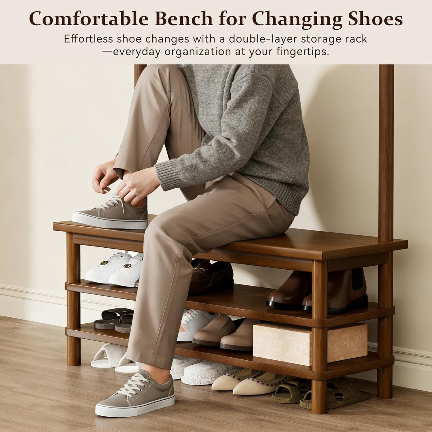 3-in-1 Hall Tree with Shoe Storage Bench, Freestanding Wooden Entryway Coat Rack with 11 Hooks, 35 Inches Long