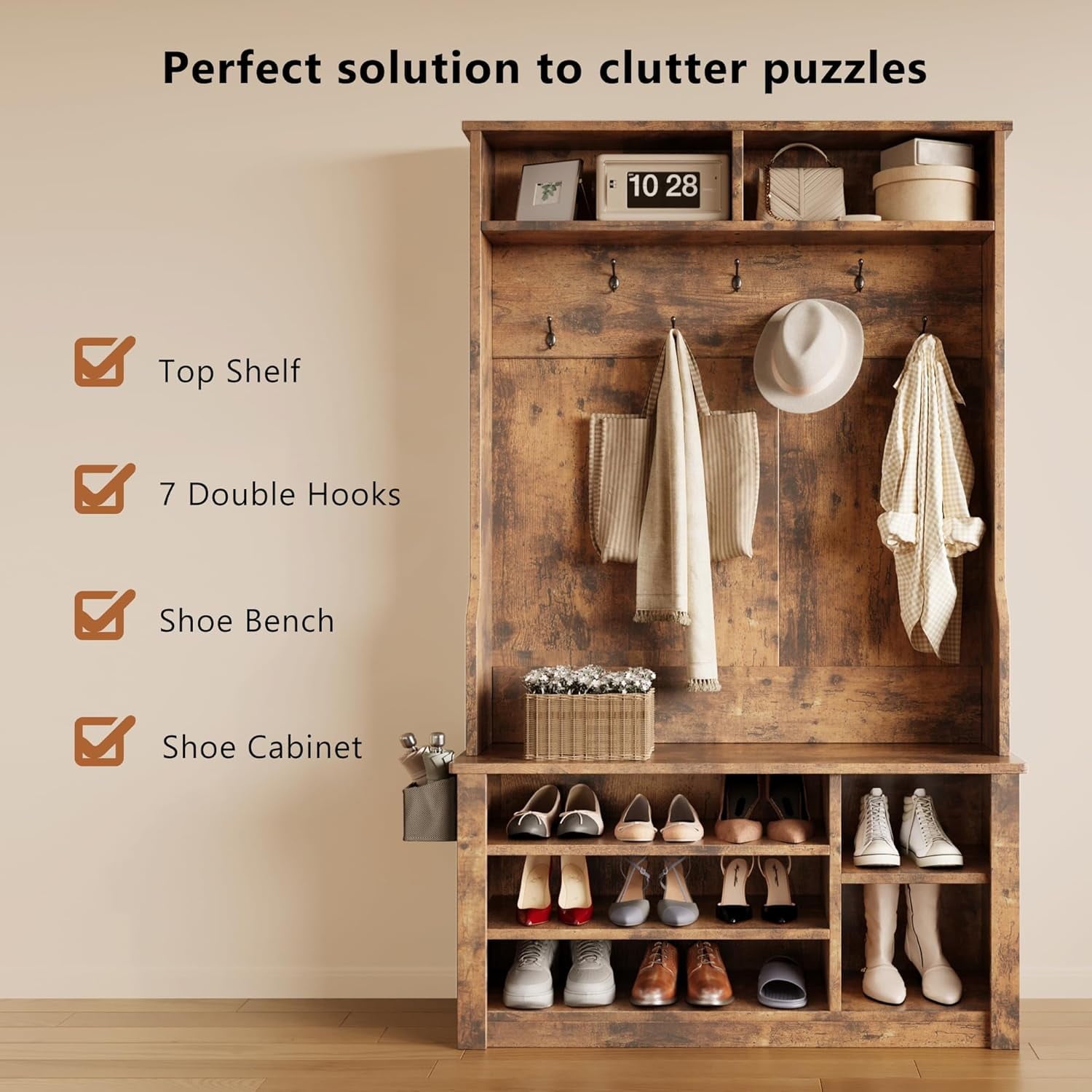 Entryway Hall Tree with  and Storage, 3-in-1 Hall Tree with Coat Rack, Adjustable Shoe , 2-Tier top Storage, for Hallway, Entryway, Bedroom, Rustic Brown