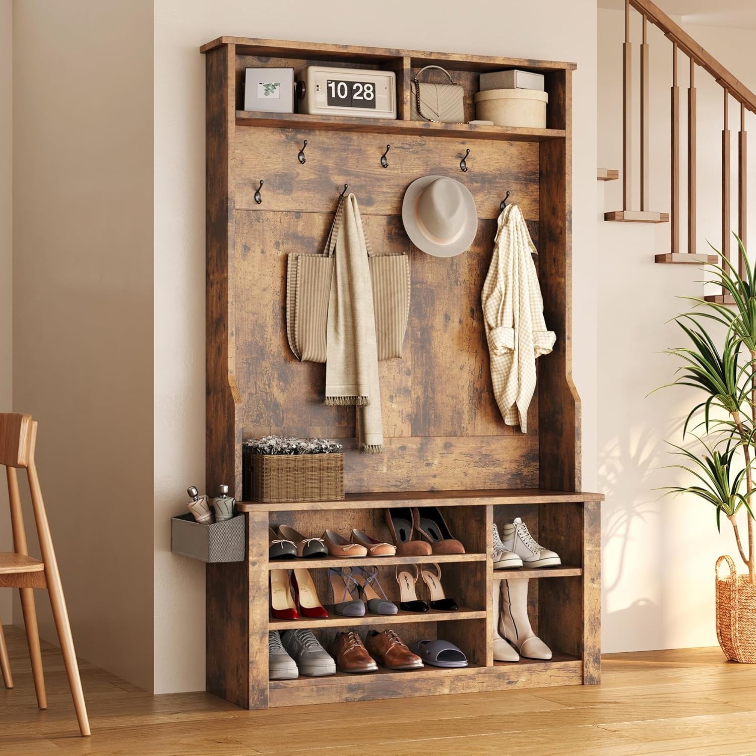 Entryway Hall Tree with  and Storage, 3-in-1 Hall Tree with Coat Rack, Adjustable Shoe , 2-Tier top Storage, for Hallway, Entryway, Bedroom, Rustic Brown