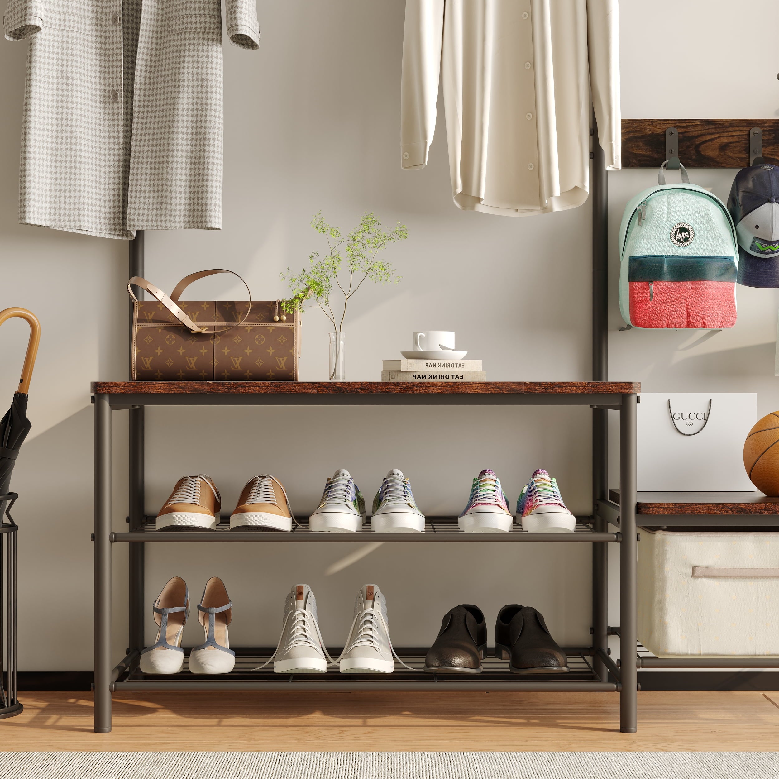 Rustic Brown 3-in-1 Hall Tree Coat Rack Shoe Bench, Industrial Entryway Storage Organizer with 6 Hooks &amp; Parent-Child Seat for Hallway Bedroom