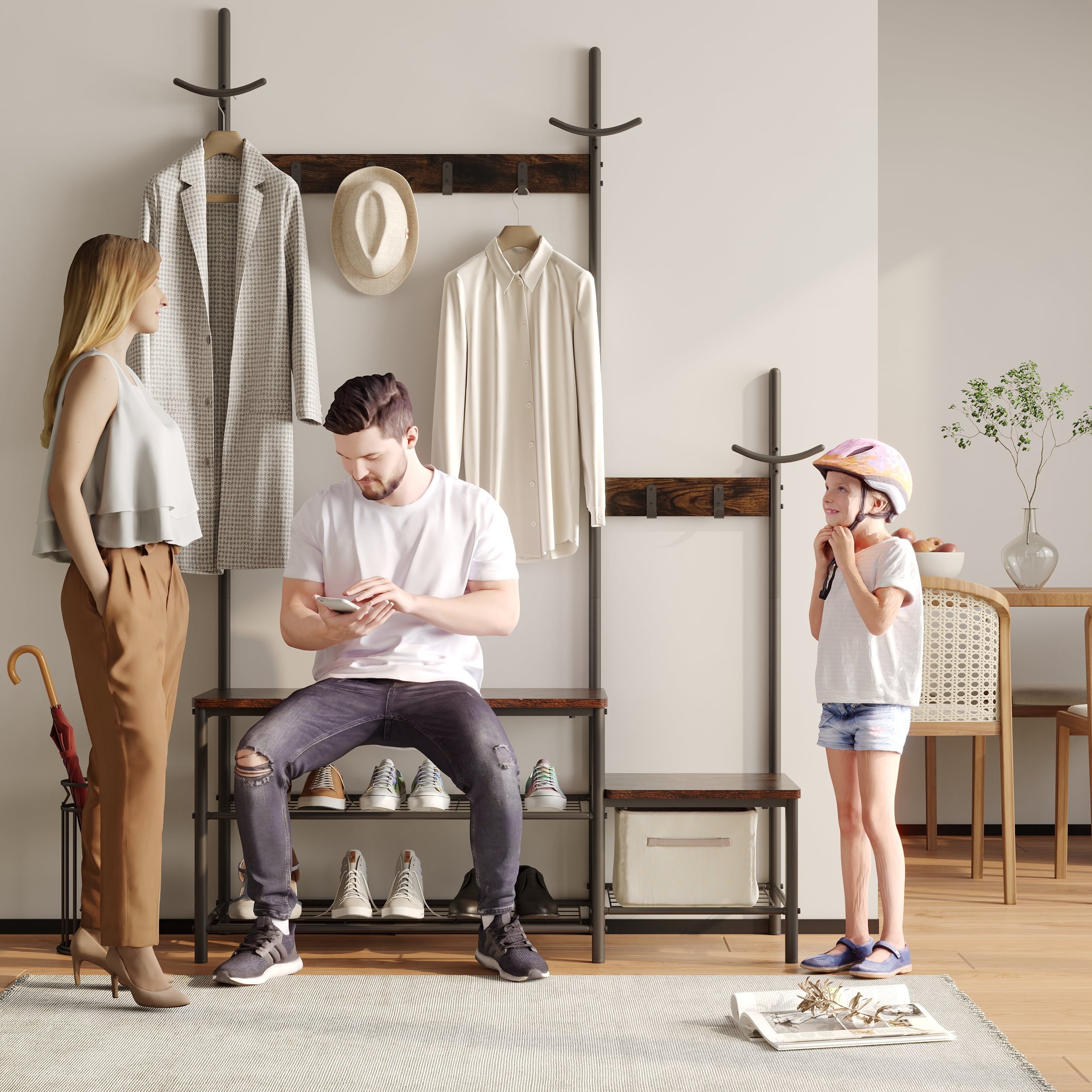 Rustic Brown 3-in-1 Hall Tree Coat Rack Shoe Bench, Industrial Entryway Storage Organizer with 6 Hooks &amp; Parent-Child Seat for Hallway Bedroom