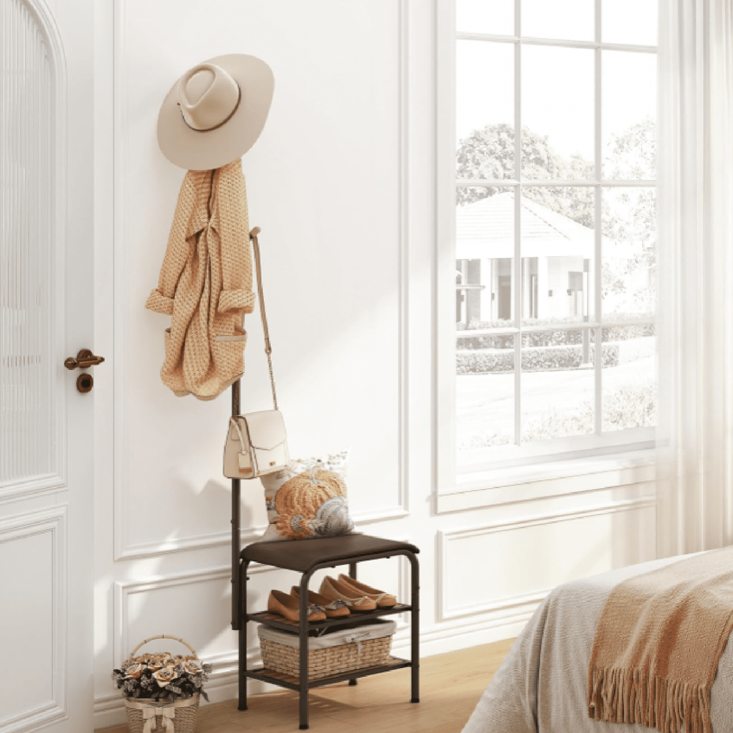 Coat Rack Stand Shoe Bench - 3 in 1 Coat Hall Tree with Shoe Storage With Benches Small Metal Shoes Shelf for Entryway Living Room Bedroom Hallway