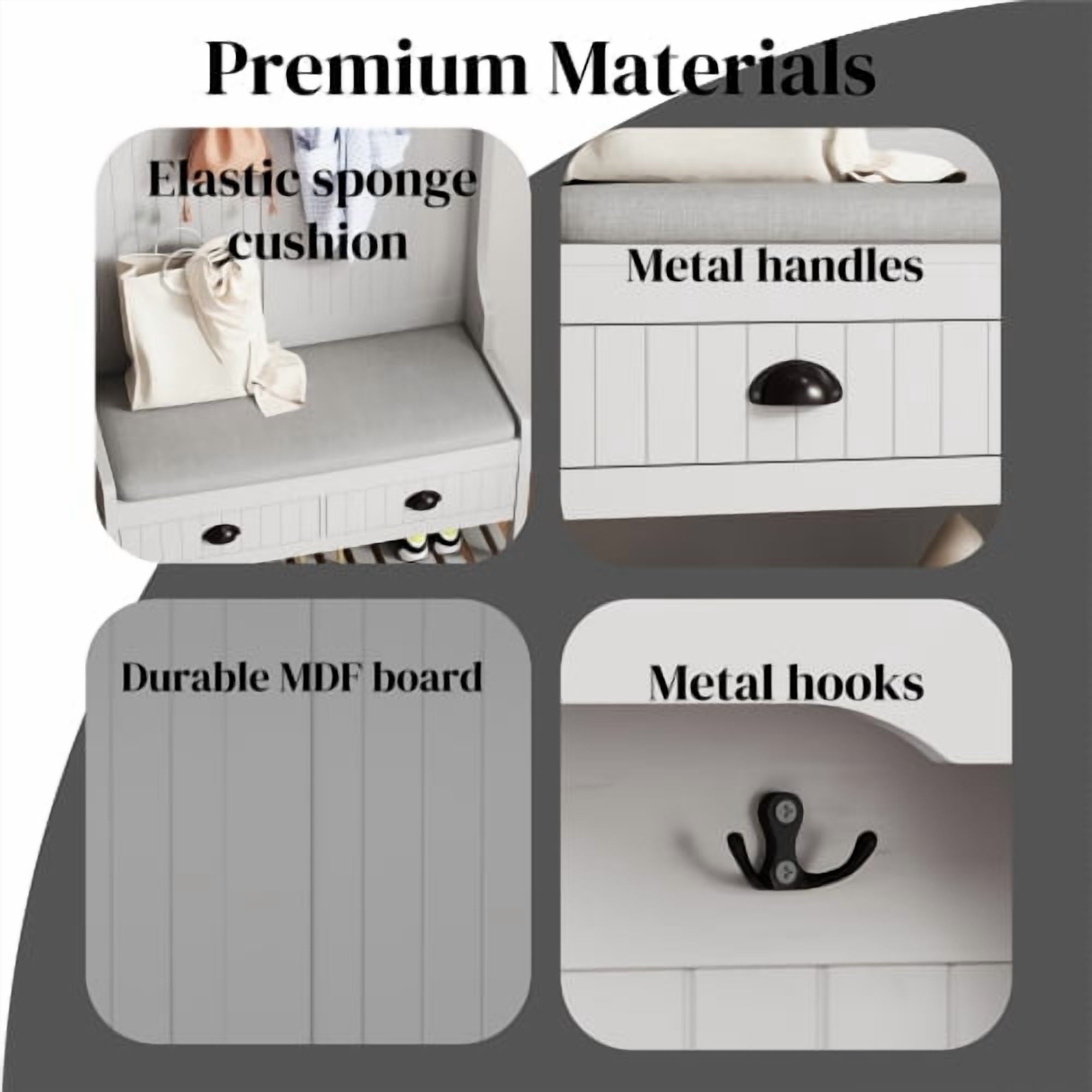 3-in-1 Hallway Hall Tree with 2 Storage Drawer and 4 Coat Rack, Wooden Entryway Shoe Rack Bench with Padded Seat Cushion, Mudroom Bench with Top Storage Shelf (Grey)