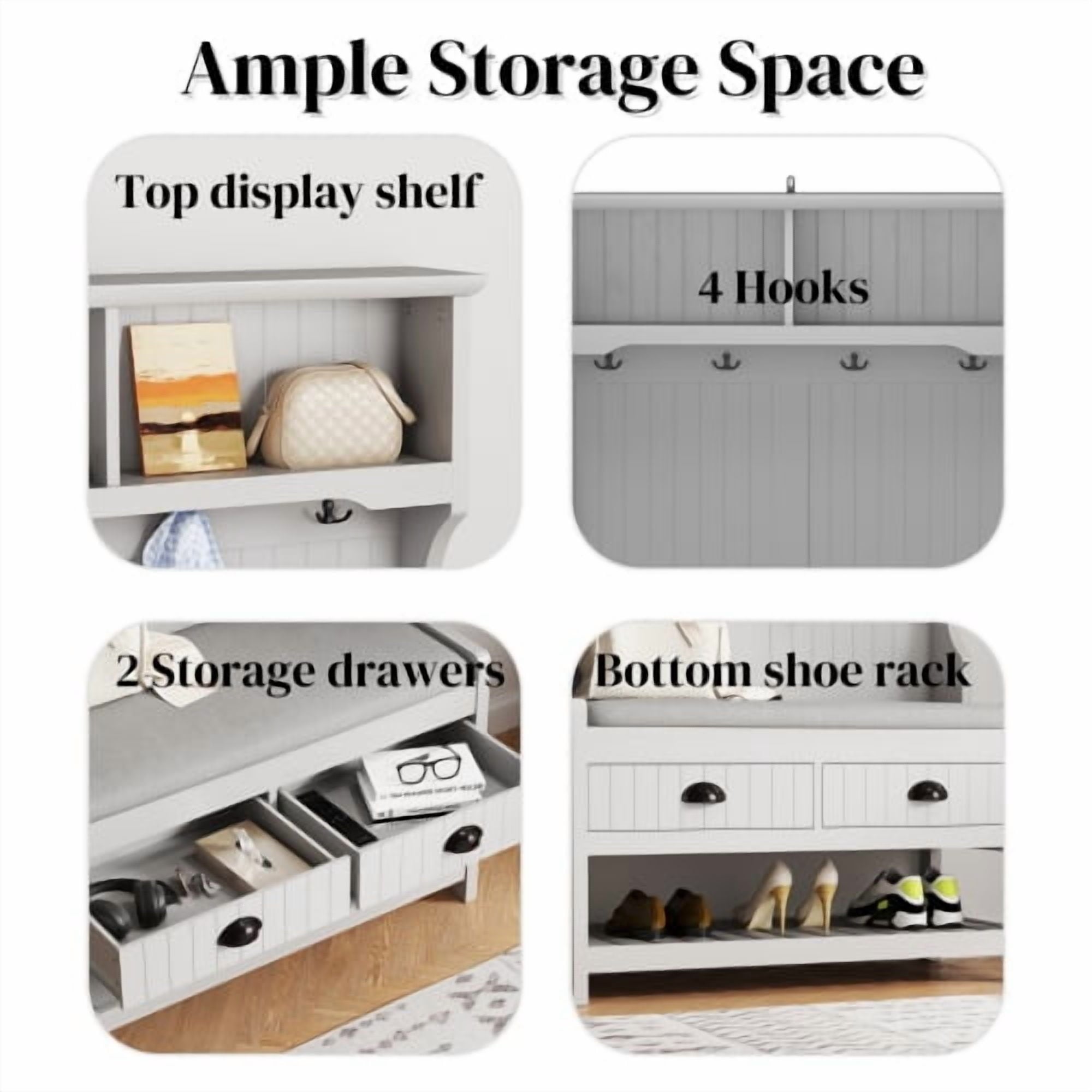 3-in-1 Hallway Hall Tree with 2 Storage Drawer and 4 Coat Rack, Wooden Entryway Shoe Rack Bench with Padded Seat Cushion, Mudroom Bench with Top Storage Shelf (Grey)