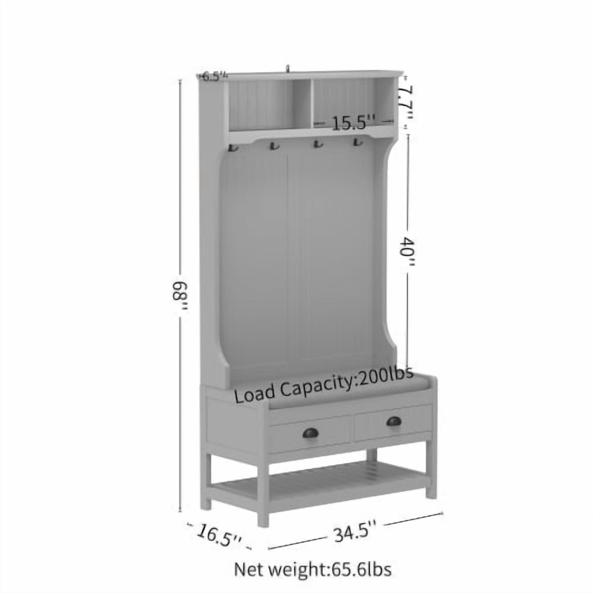 3-in-1 Hallway Hall Tree with 2 Storage Drawer and 4 Coat Rack, Wooden Entryway Shoe Rack Bench with Padded Seat Cushion, Mudroom Bench with Top Storage Shelf (Grey)