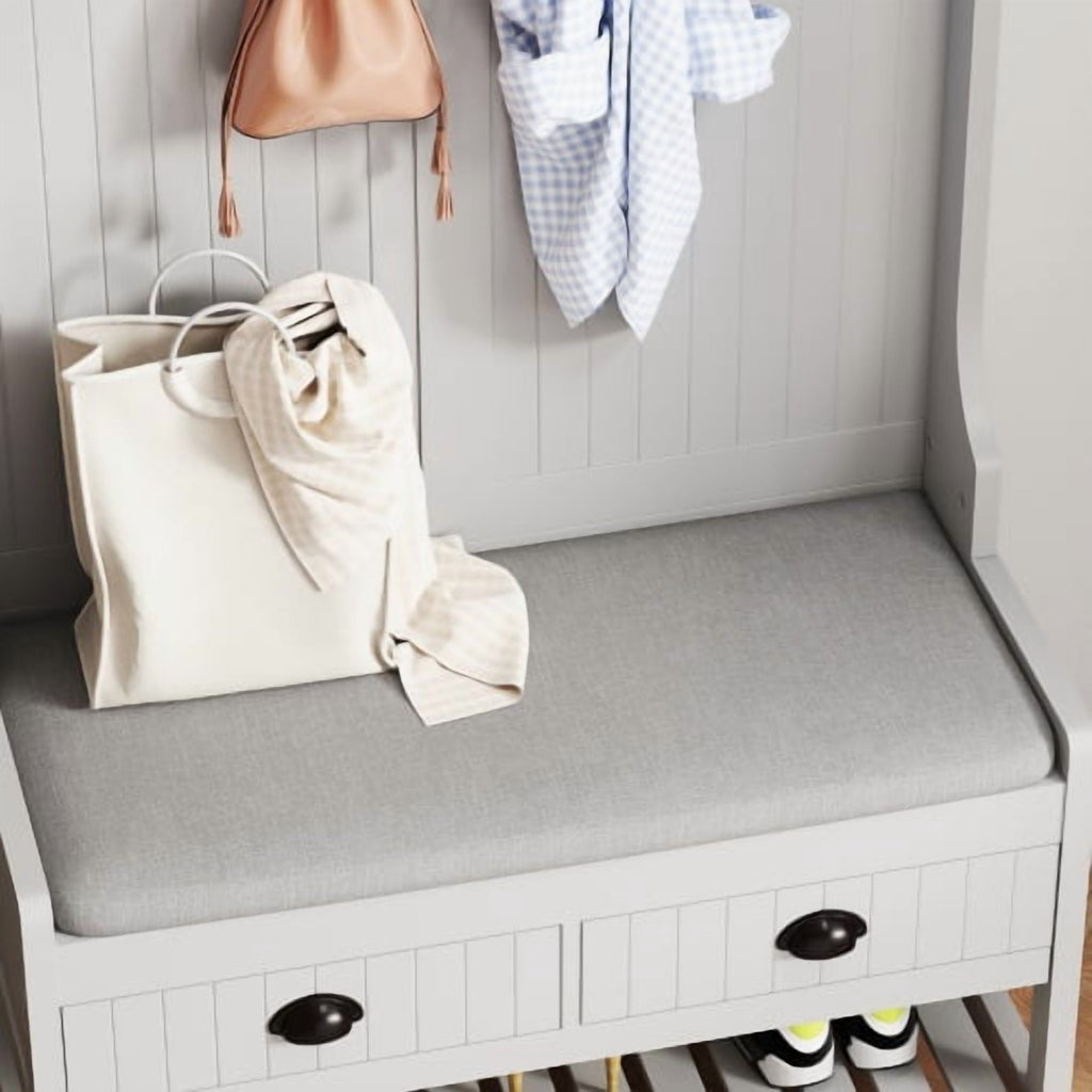 3-in-1 Hallway Hall Tree with 2 Storage Drawer and 4 Coat Rack, Wooden Entryway Shoe Rack Bench with Padded Seat Cushion, Mudroom Bench with Top Storage Shelf (Grey)
