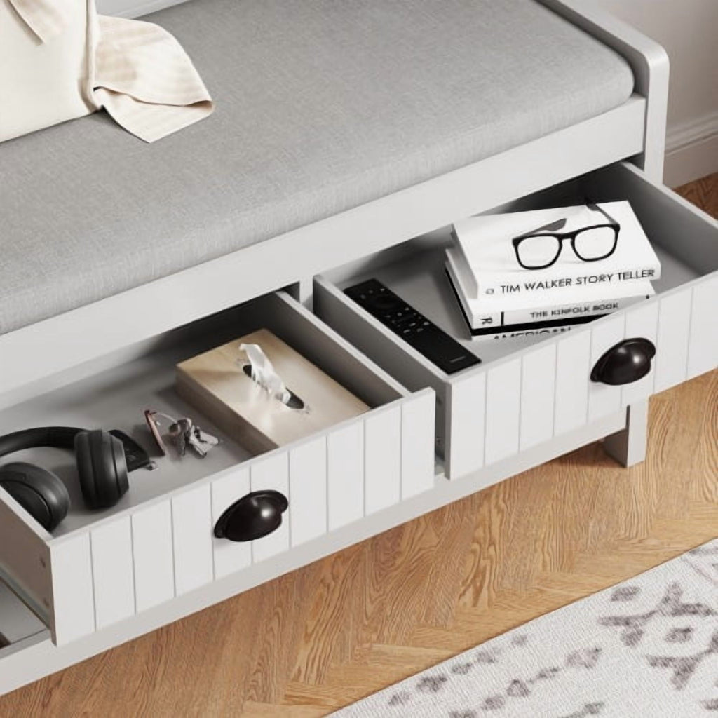 3-in-1 Hallway Hall Tree with 2 Storage Drawer and 4 Coat Rack, Wooden Entryway Shoe Rack Bench with Padded Seat Cushion, Mudroom Bench with Top Storage Shelf (Grey)