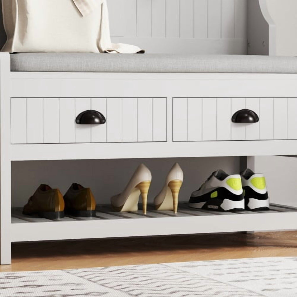 3-in-1 Hallway Hall Tree with 2 Storage Drawer and 4 Coat Rack, Wooden Entryway Shoe Rack Bench with Padded Seat Cushion, Mudroom Bench with Top Storage Shelf (Grey)