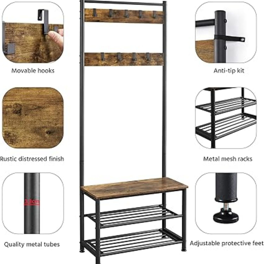 3-in-1 Hall Tree Coat Rack Shoe Bench with 9 Hooks and Storage Shelf, Industrial Entryway Storage Shelf Bench, Easy Assembly, Rustic Brown