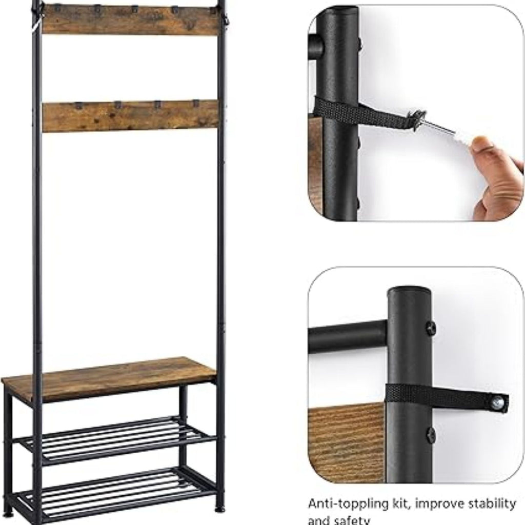 3-in-1 Hall Tree Coat Rack Shoe Bench with 9 Hooks and Storage Shelf, Industrial Entryway Storage Shelf Bench, Easy Assembly, Rustic Brown