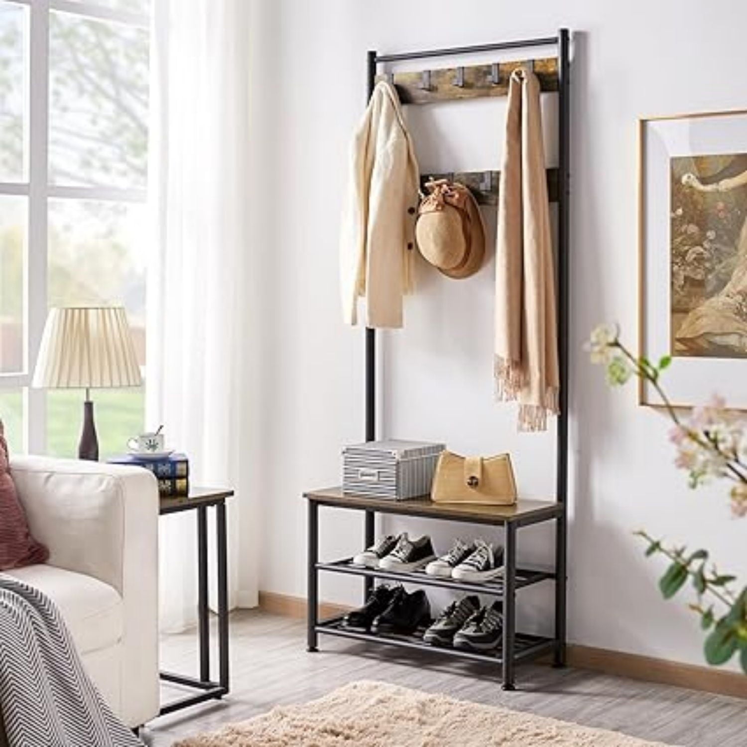 3-in-1 Hall Tree Coat Rack Shoe Bench with 9 Hooks and Storage Shelf, Industrial Entryway Storage Shelf Bench, Easy Assembly, Rustic Brown