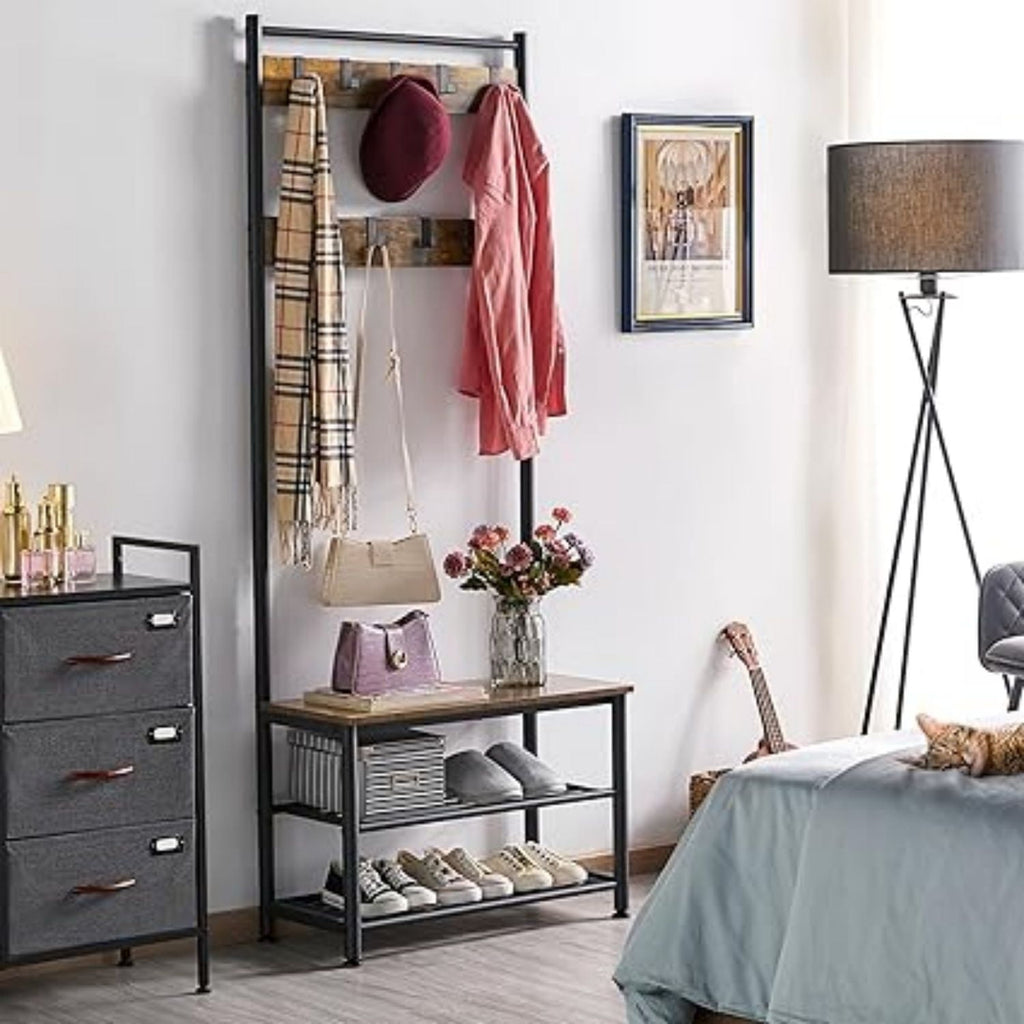 3-in-1 Hall Tree Coat Rack Shoe Bench with 9 Hooks and Storage Shelf, Industrial Entryway Storage Shelf Bench, Easy Assembly, Rustic Brown
