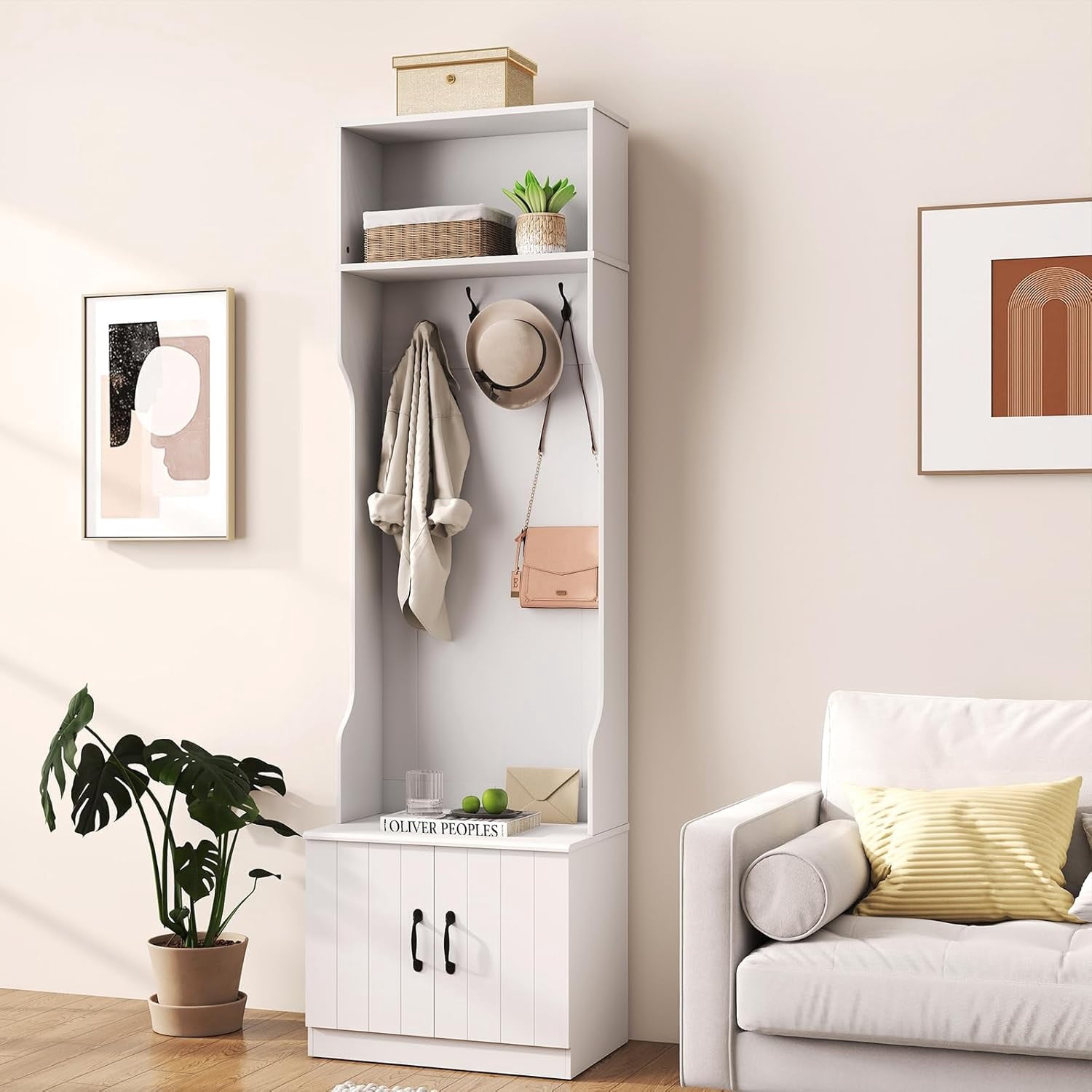 3-in-1 Hall Tree with Bench and Shoe Storage, Coat Rack with Adjustable Shelves, 4 Hooks, and 2-Door Cabinets