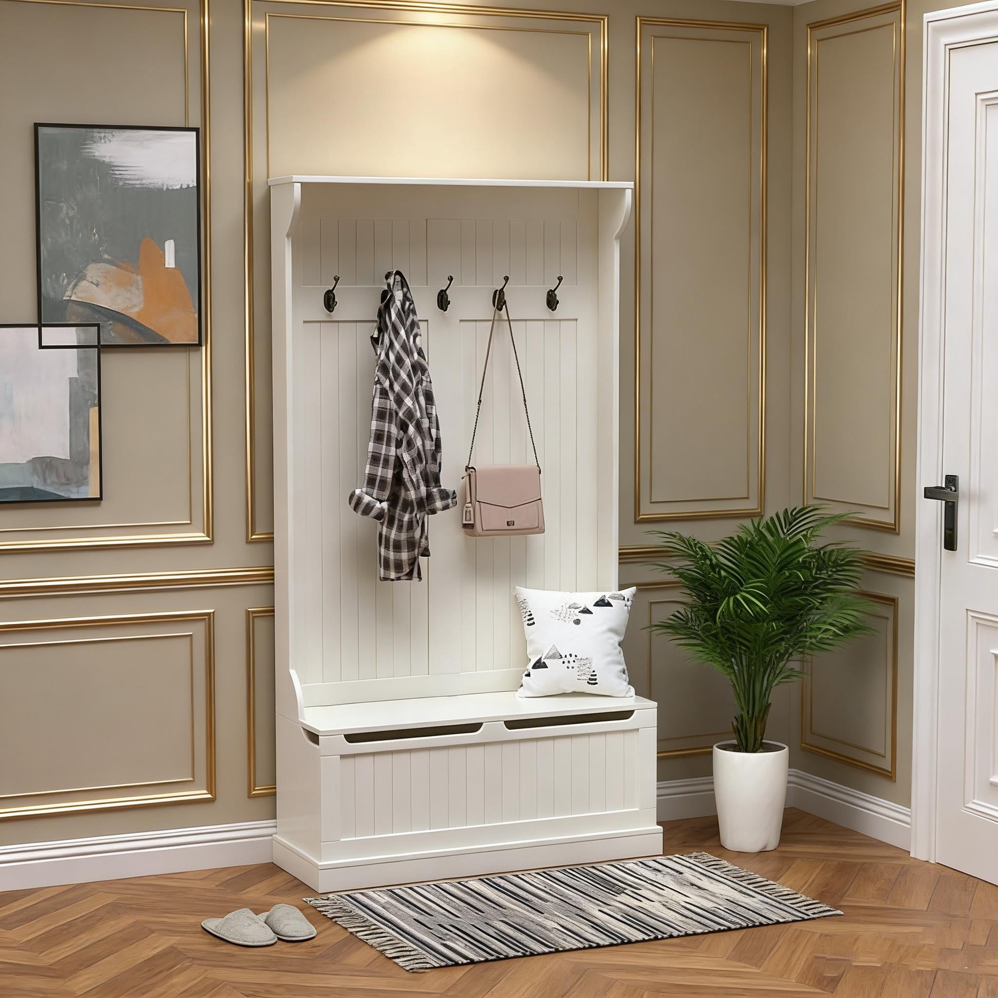 38" 3-In-1 Entryway Hall Tree with Storage Bench, Coat Rack with Four Hooks and Shoe Storage, White Finish, Complete Entryway Organizer for Hallway or Foyer