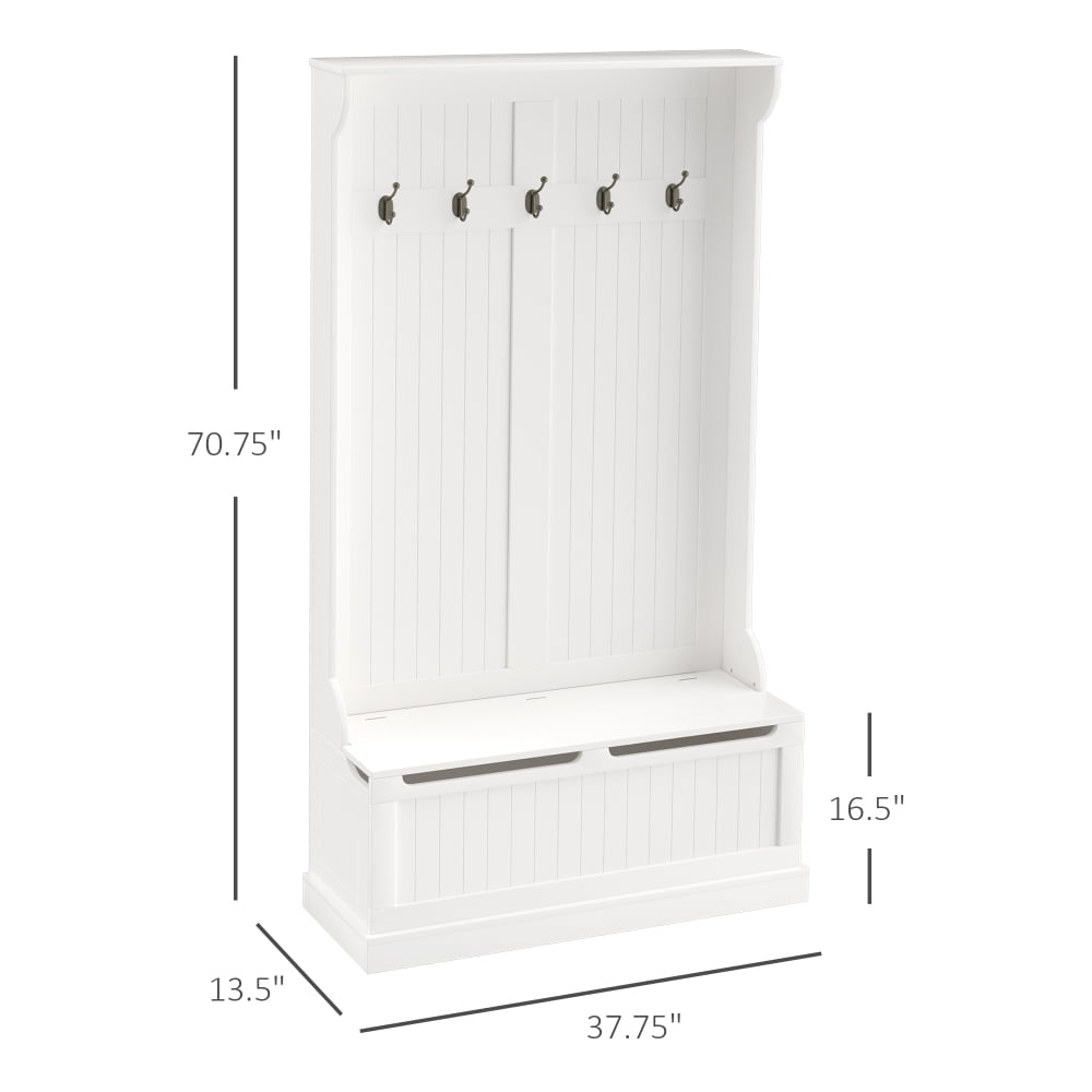 38" 3-In-1 Entryway Hall Tree with Storage Bench, Coat Rack with Four Hooks and Shoe Storage, White Finish, Complete Entryway Organizer for Hallway or Foyer