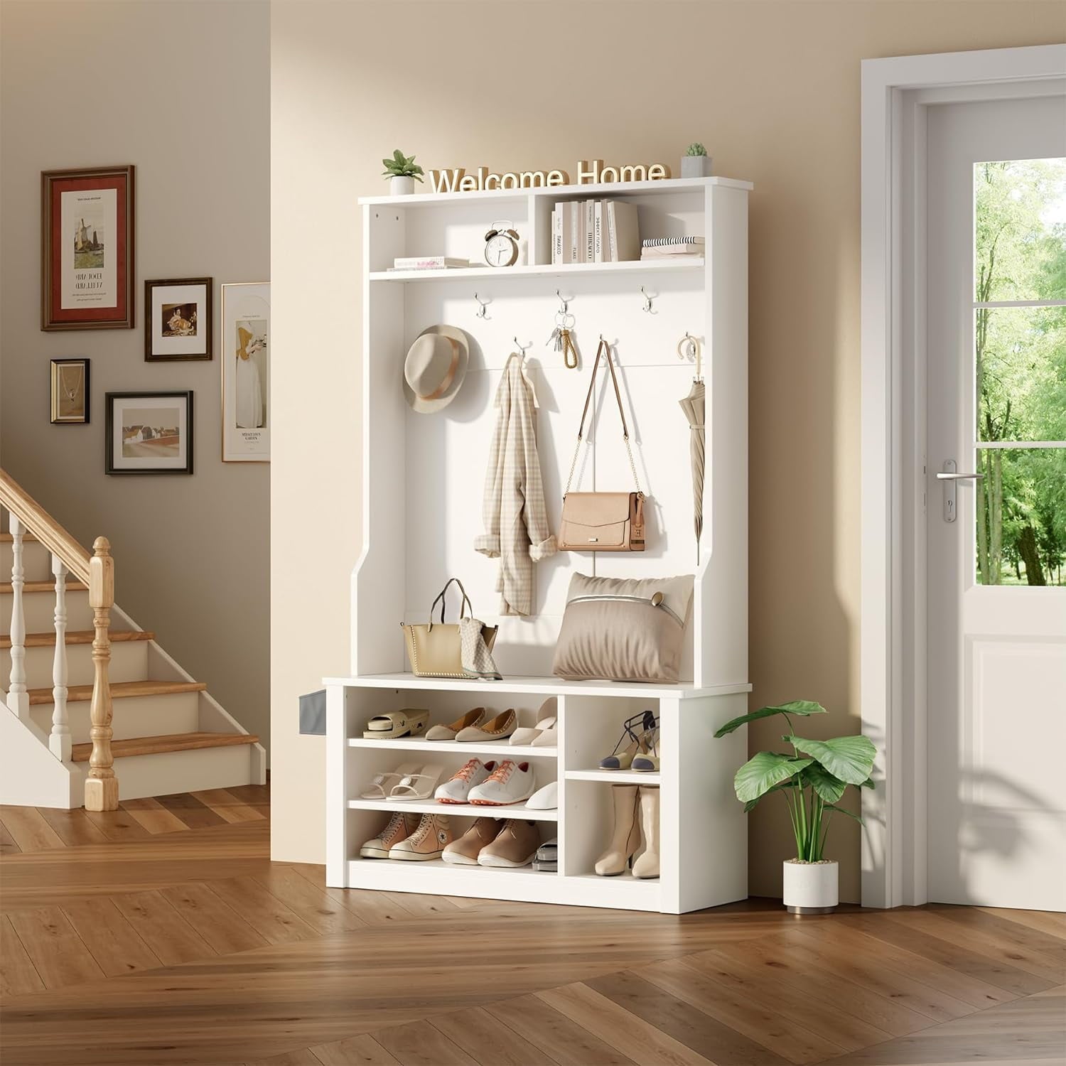 Hall Tree with  and Shoe Storage - 3-in-1 Entryway Organizer with Adjustable Shelf for Coats and Hats