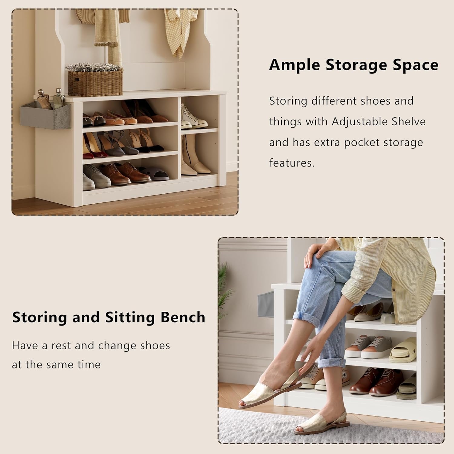 Hall Tree with  and Shoe Storage - 3-in-1 Entryway Organizer with Adjustable Shelf for Coats and Hats