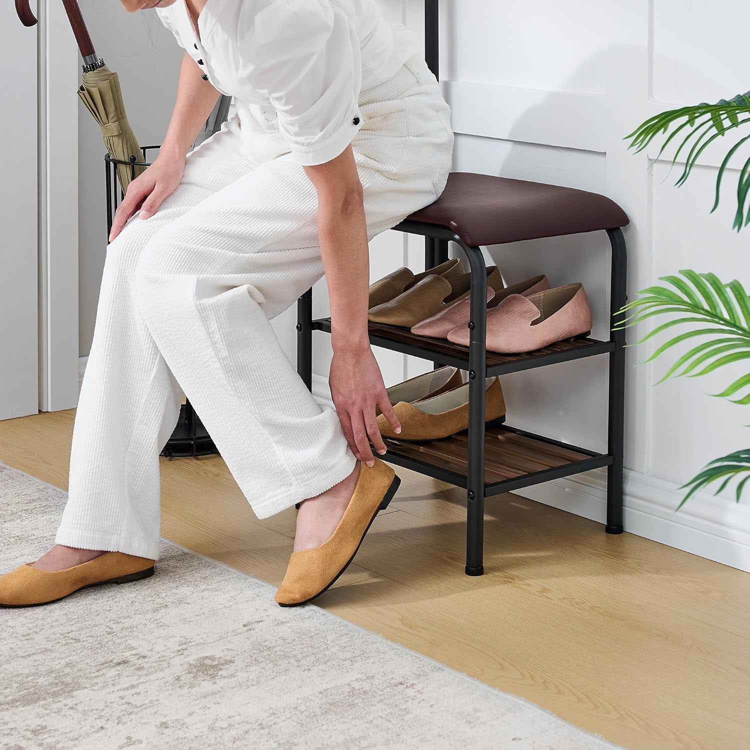 Coat Rack Stand Shoe Bench - 3 in 1 Coat Hall Tree with Shoe Storage With Benches Small Metal Shoes Shelf for Entryway Living Room Bedroom Hallway Mudroom