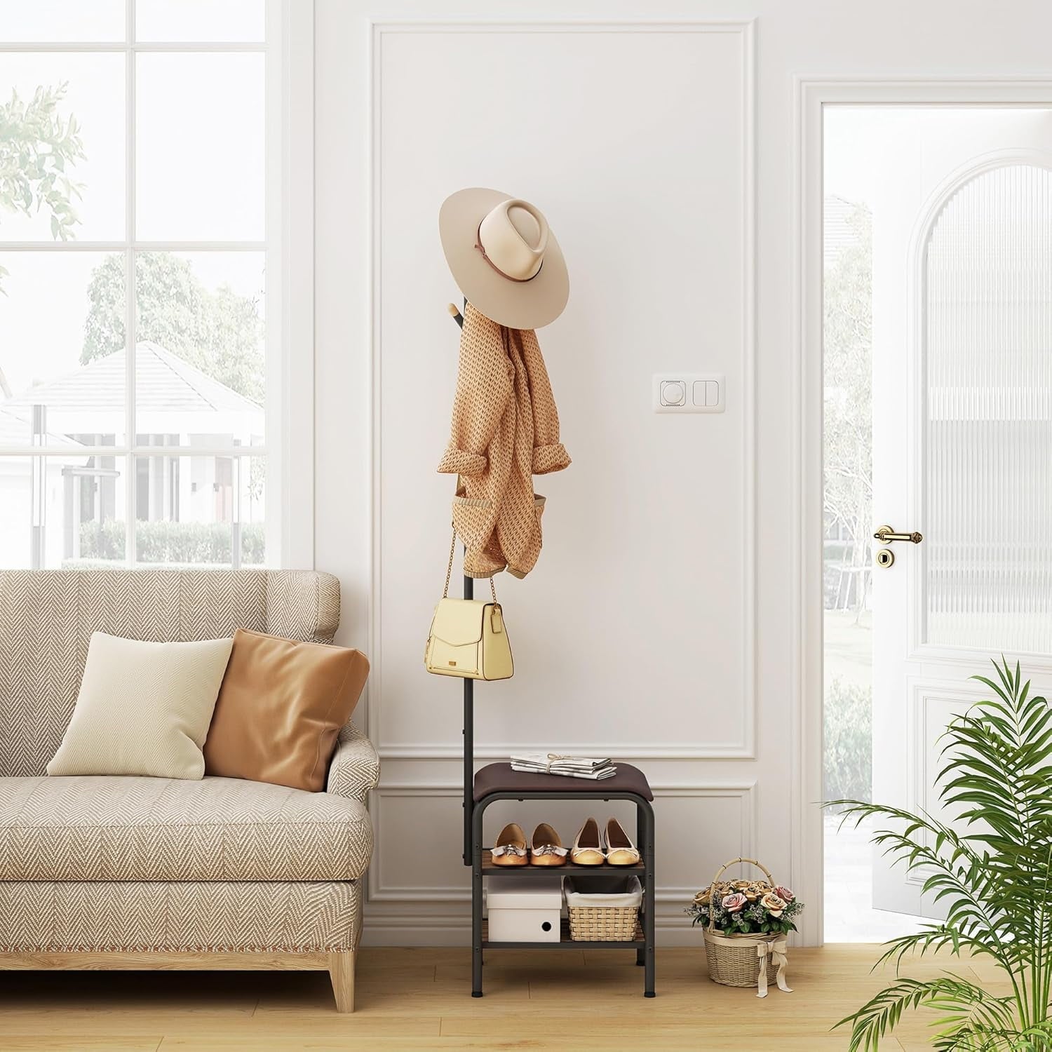 Coat Rack Stand Shoe Bench - 3 in 1 Coat Hall Tree with Shoe Storage With Benches Small Metal Shoes Shelf for Entryway Living Room Bedroom Hallway Mudroom