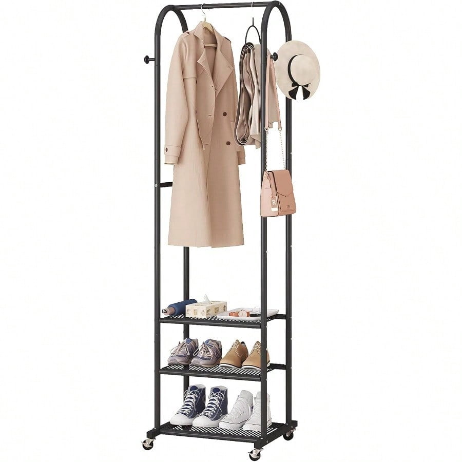 Hall Tree with Wheels and Hanging HooksHeavy-Duty Metal Coat Rack with Shoe Shees 3-in-1 Narrow Entryway Storage for Small Space Suitable for Hallway Bedroom and Bathroom Black