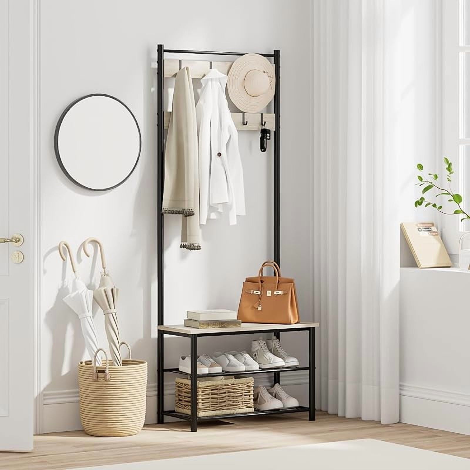 Hall Tree with Bench and Shoe Storage, 3-in-1 Coat Rack Shoe Bench, Freestanding Wooden Coat Rack with Metal Frame, 3-Tier Storage Shelf and 5 Removable Hooks, White