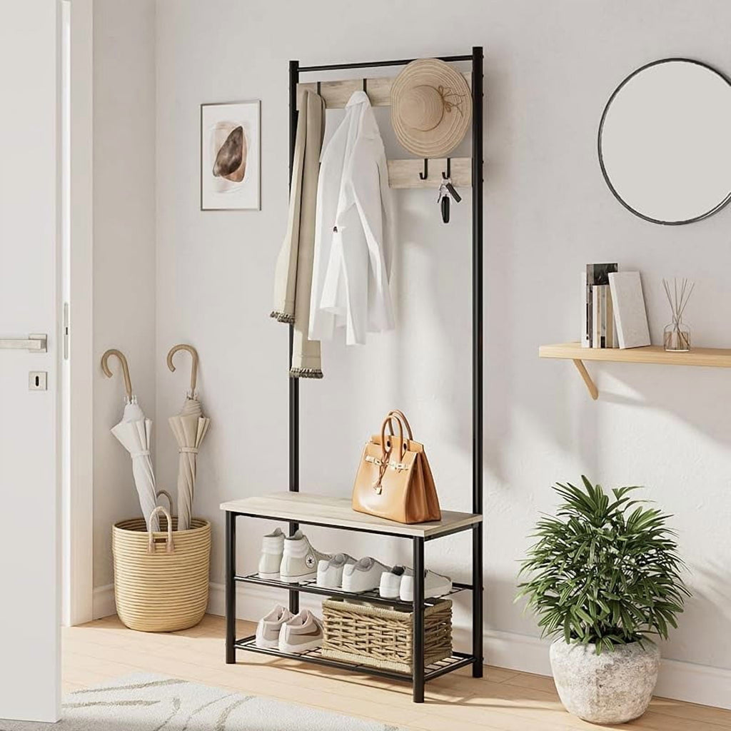 Hall Tree with Bench and Shoe Storage, 3-in-1 Coat Rack Shoe Bench, Freestanding Wooden Coat Rack with Metal Frame, 3-Tier Storage Shelf and 5 Removable Hooks, White