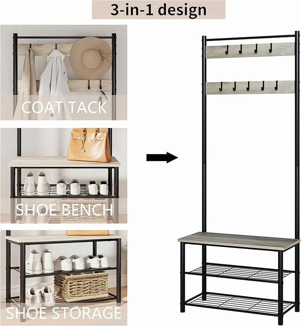 Hall Tree with Bench and Shoe Storage, 3-in-1 Coat Rack Shoe Bench, Freestanding Wooden Coat Rack with Metal Frame, 3-Tier Storage Shelf and 5 Removable Hooks, White