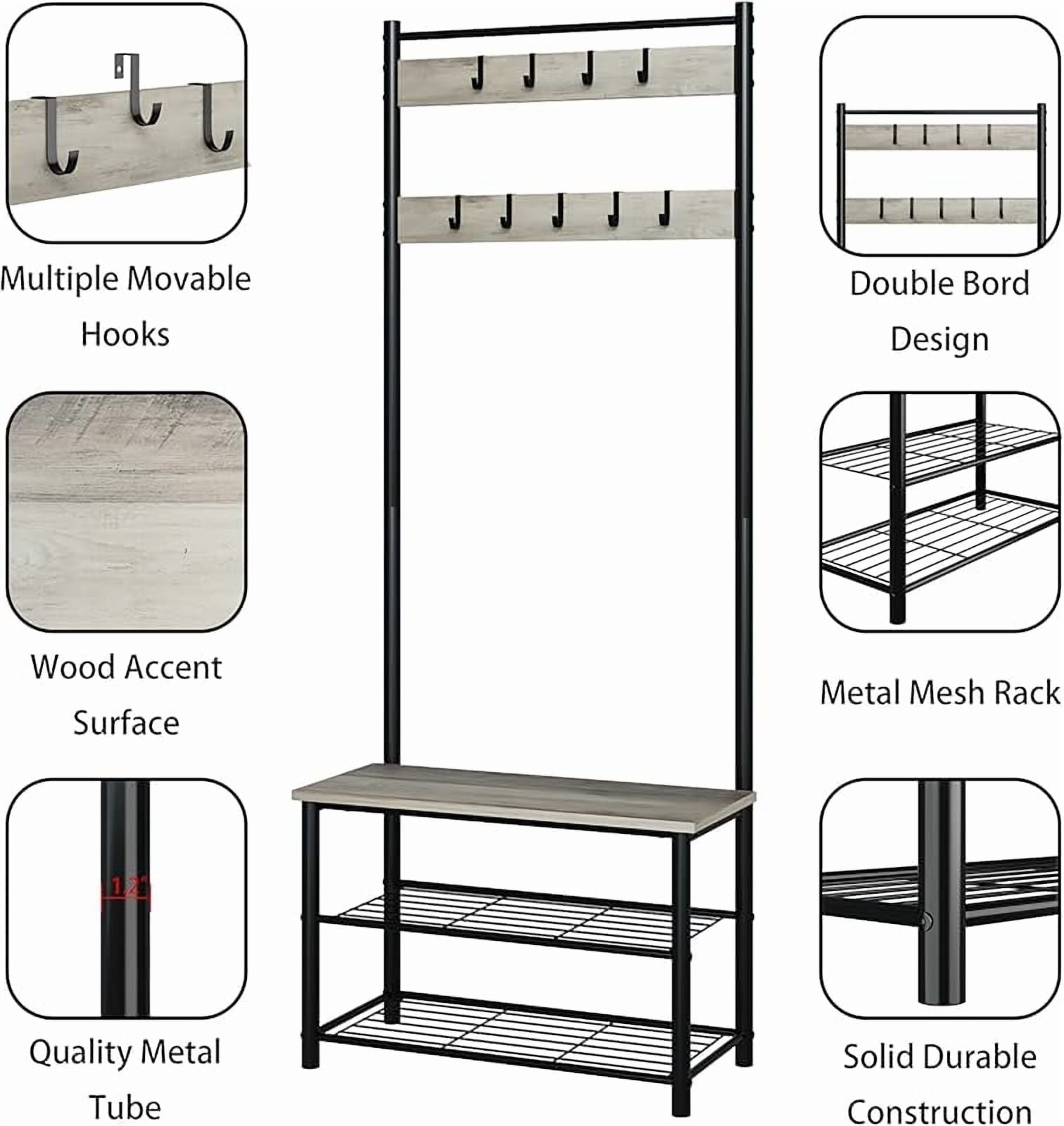 Hall Tree with Bench and Shoe Storage, 3-in-1 Coat Rack Shoe Bench, Freestanding Wooden Coat Rack with Metal Frame, 3-Tier Storage Shelf and 5 Removable Hooks, White