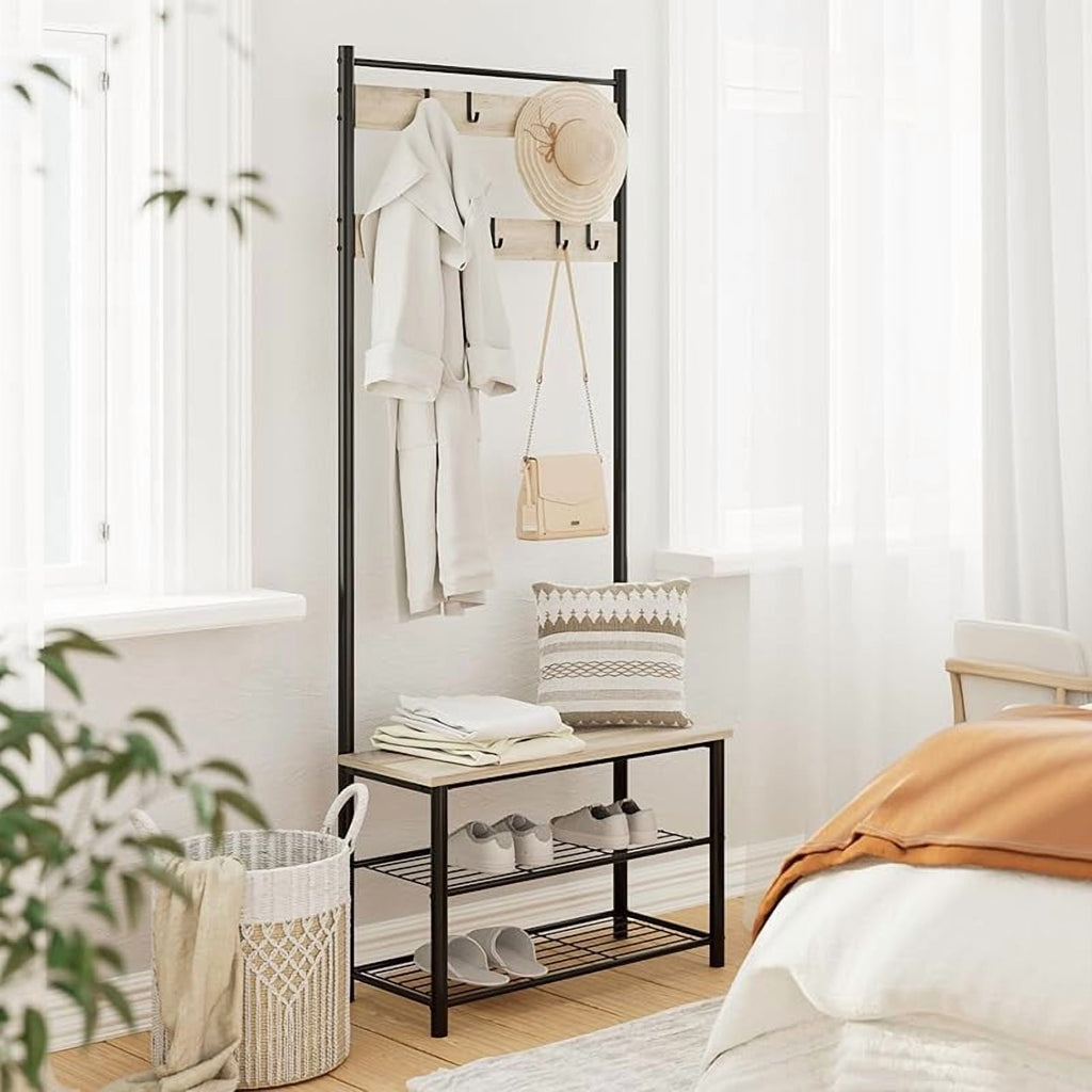 Hall Tree with Bench and Shoe Storage, 3-in-1 Coat Rack Shoe Bench, Freestanding Wooden Coat Rack with Metal Frame, 3-Tier Storage Shelf and 5 Removable Hooks, White