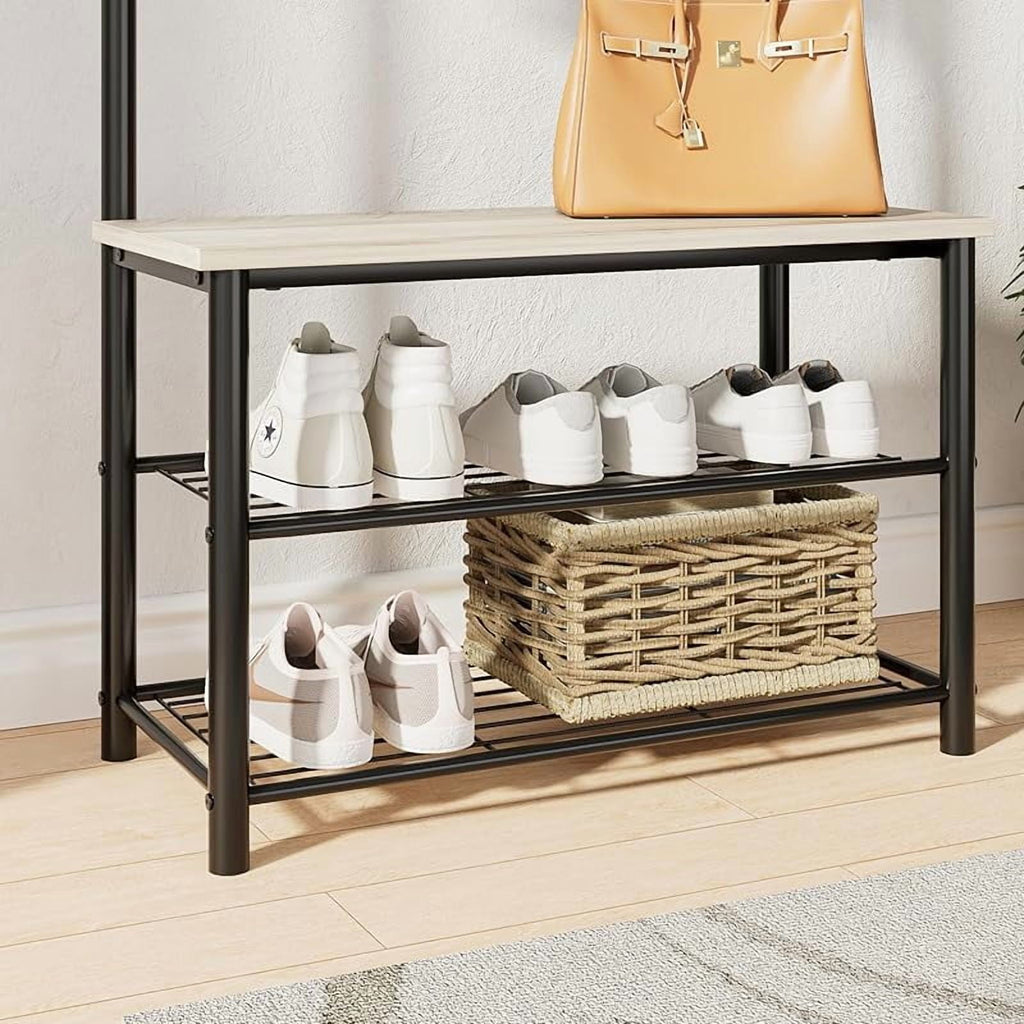 Hall Tree with Bench and Shoe Storage, 3-in-1 Coat Rack Shoe Bench, Freestanding Wooden Coat Rack with Metal Frame, 3-Tier Storage Shelf and 5 Removable Hooks, White