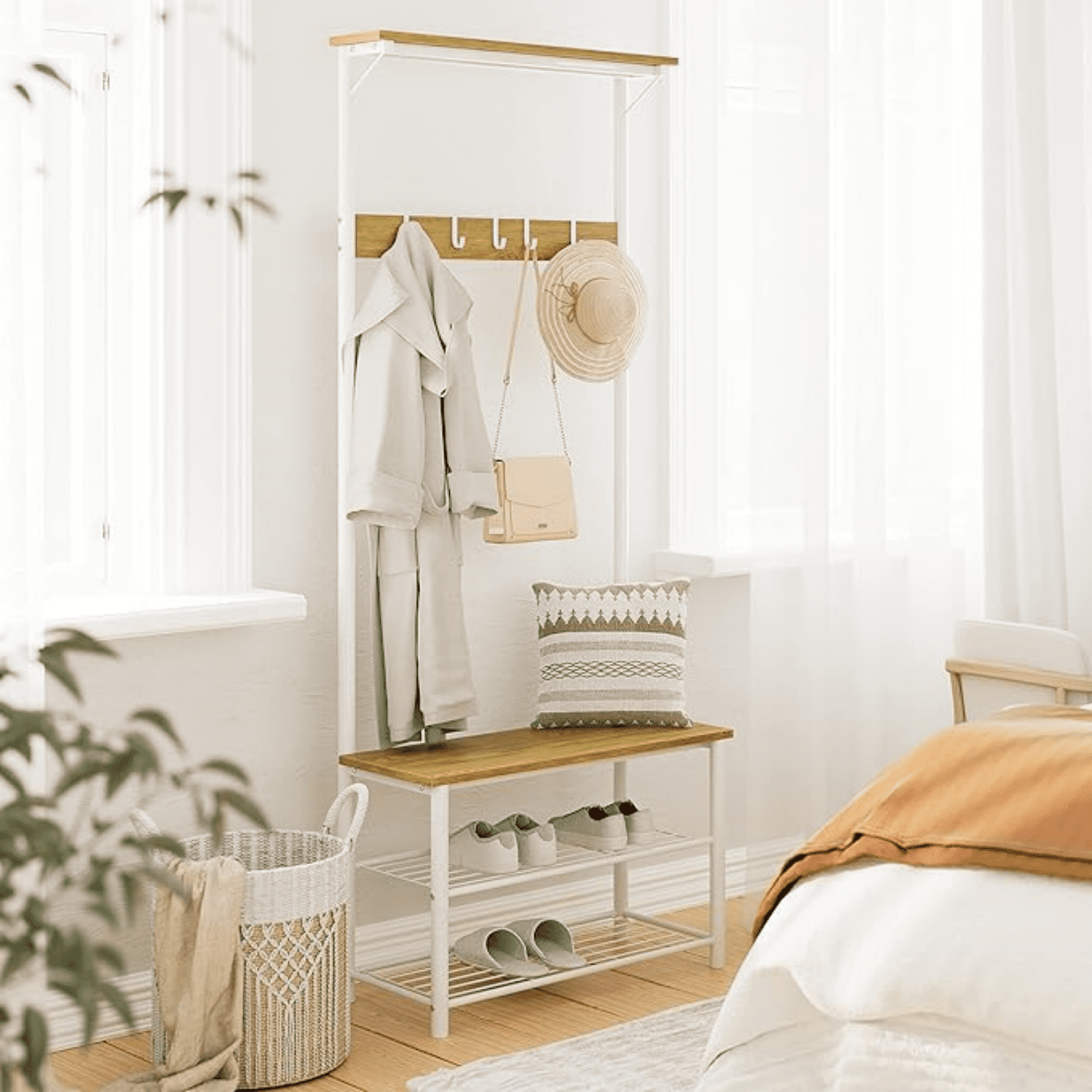 Bench and Shoe Storage, 3-in-1 Coat Rack Shoe Bench, Freestanding Wooden Coat Rack with Metal Frame, 3-Tier Storage Shelf and 5 Removable Hooks, White