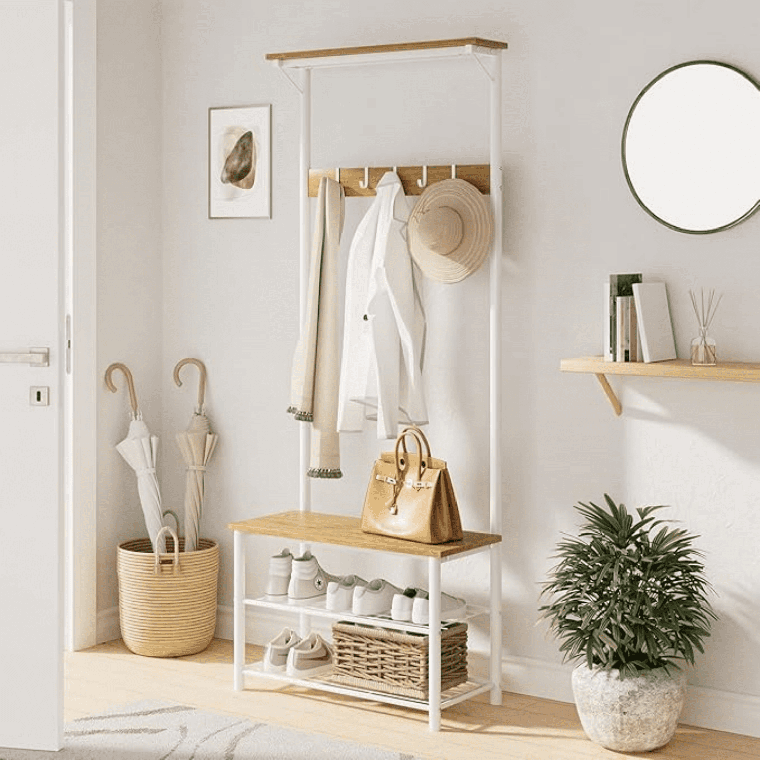 Bench and Shoe Storage, 3-in-1 Coat Rack Shoe Bench, Freestanding Wooden Coat Rack with Metal Frame, 3-Tier Storage Shelf and 5 Removable Hooks, White