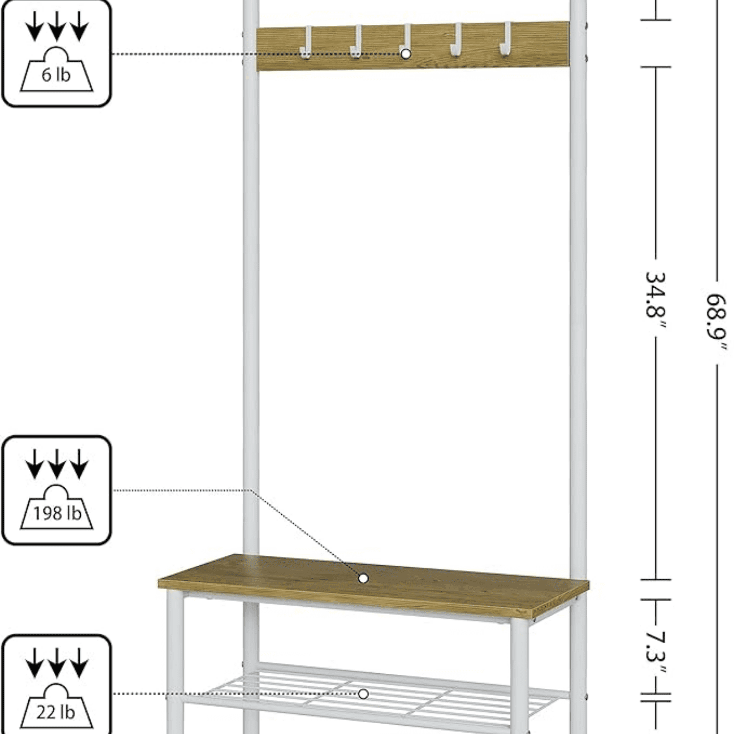 Bench and Shoe Storage, 3-in-1 Coat Rack Shoe Bench, Freestanding Wooden Coat Rack with Metal Frame, 3-Tier Storage Shelf and 5 Removable Hooks, White