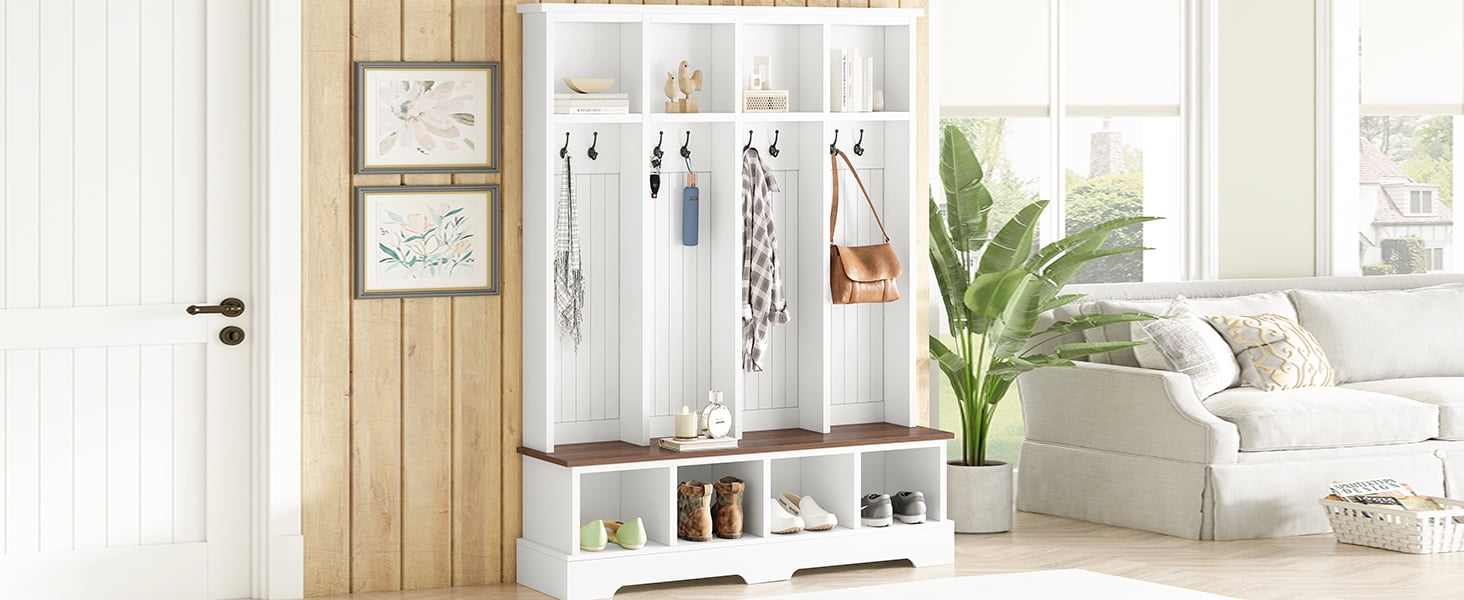 Farmhouse Hall Tree with 8 Hooks and Entryway Bench - 76.7" Tall 3-in-1 Wooden Style Coat and Shoe Rack with Open Storage Compartments for Mudroom, Living Room, Hallway