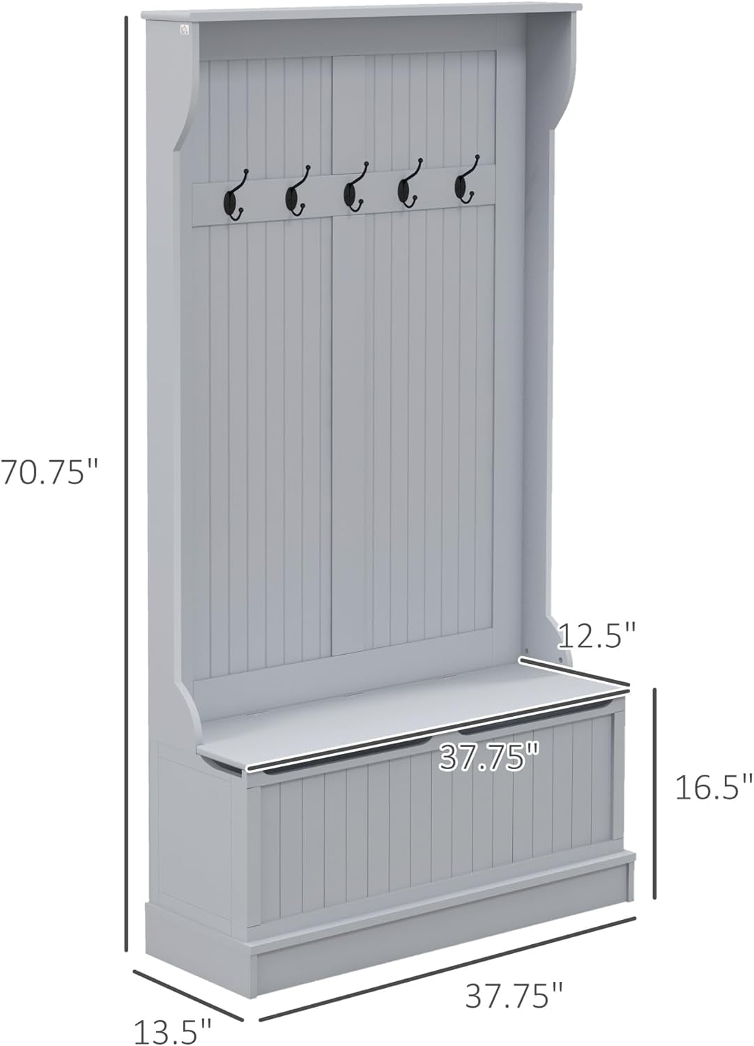 Hall Tree with  and Shoe Storage, 3-In-1 Entryway  with Coat Rack, 5 Hooks and Flip Top Storage Compartment, Gray