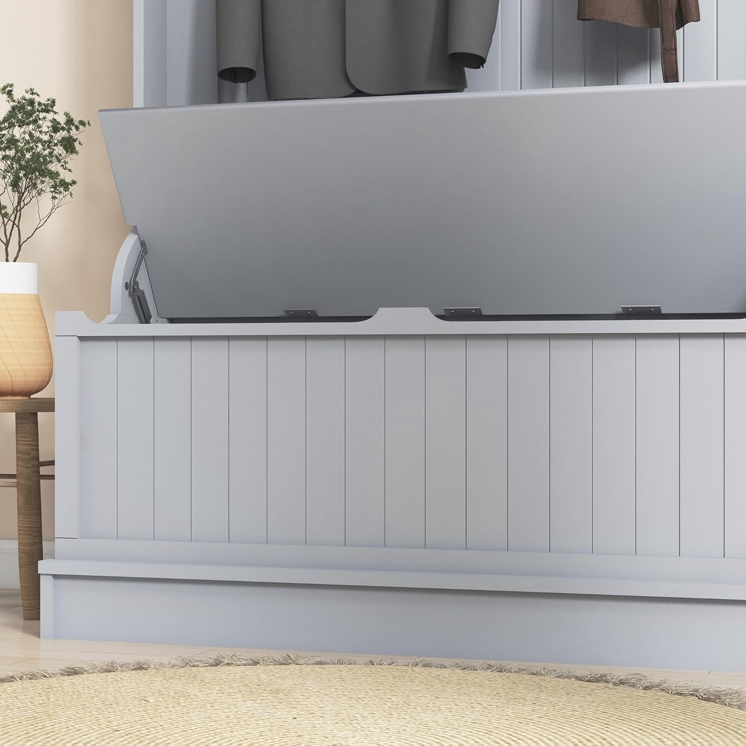 Hall Tree with  and Shoe Storage, 3-In-1 Entryway  with Coat Rack, 5 Hooks and Flip Top Storage Compartment, Gray