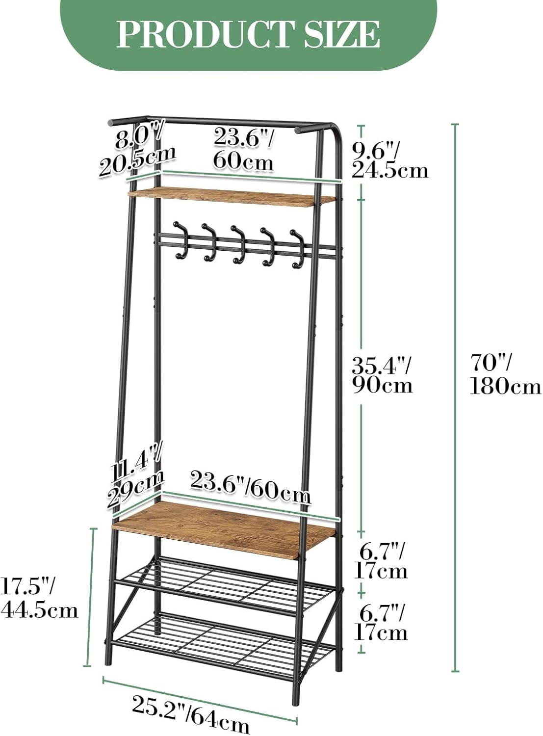 Coat Rack, Hall Tree with Shoe Storage Bench, 3-in-1, Multifunctional Hallway Organizer, Shoe Storage with Coat Rack Stand, 5 Hooks, for Entryway