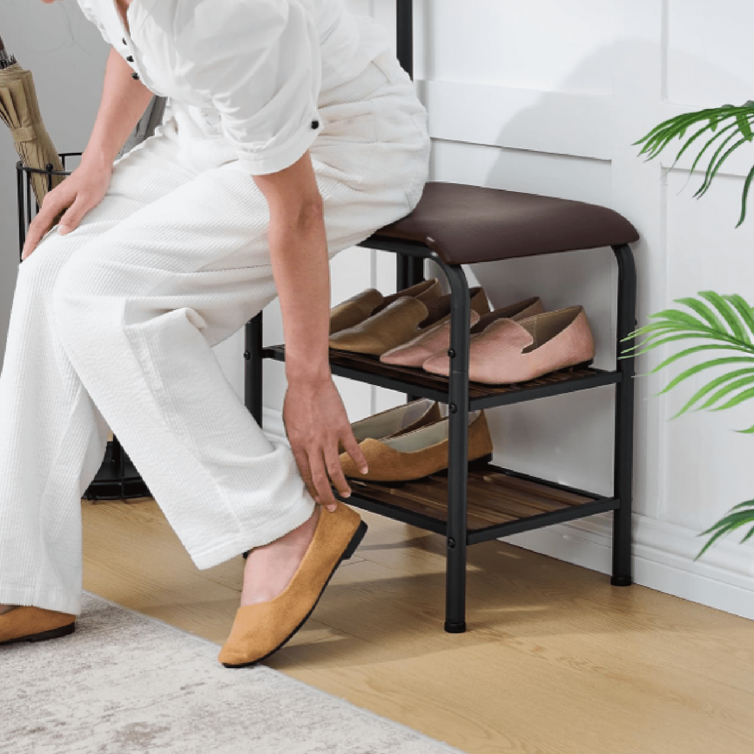 Coat Rack Stand Shoe Bench - 3 in 1 Coat Hall Tree with Shoe Storage With Benches Small Metal Shoes Shelf for Entryway Living Room Bedroom Hallway